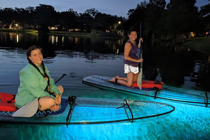 Date Night LED Glow Clear Kayak or Paddleboard & Champagne - Photos, neon color, and the date-night appeal