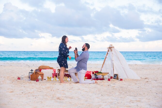Sunset Beach Proposal - Champagne and chocolate covered strawberries
